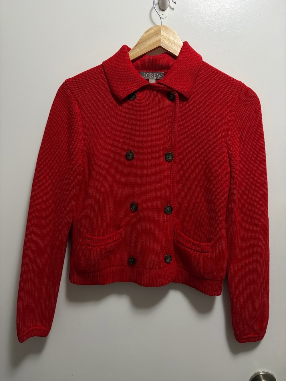 J.Crew Classic Red 100% Cotton Double-Breasted Knit Cardigan Jacket Size Small